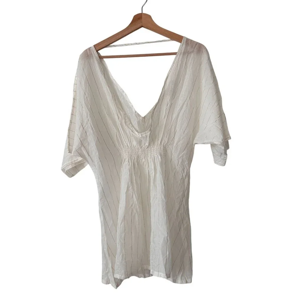 Onia Alessandra Plunging Striped Swim Coverup Dress White Mini Batwing Size S/P